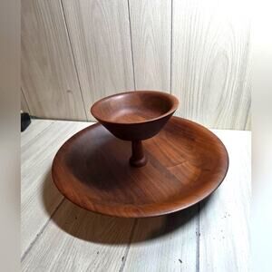 Vtg MCM Wood Walnut 2 Tier Snack Serving Bowl Set Chip & Dip Nuts Center Piece